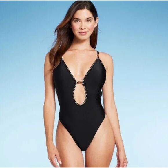 Shade & Shore Black Plunge Bead Detail Extra High Leg One Piece Swimsuit Size XS - Picture 1 of 7